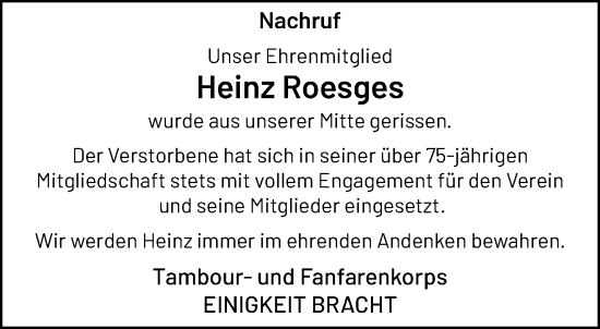 Traueranzeige von Heinz Roesges von trauer.extra-tipp-moenchengladbach.de