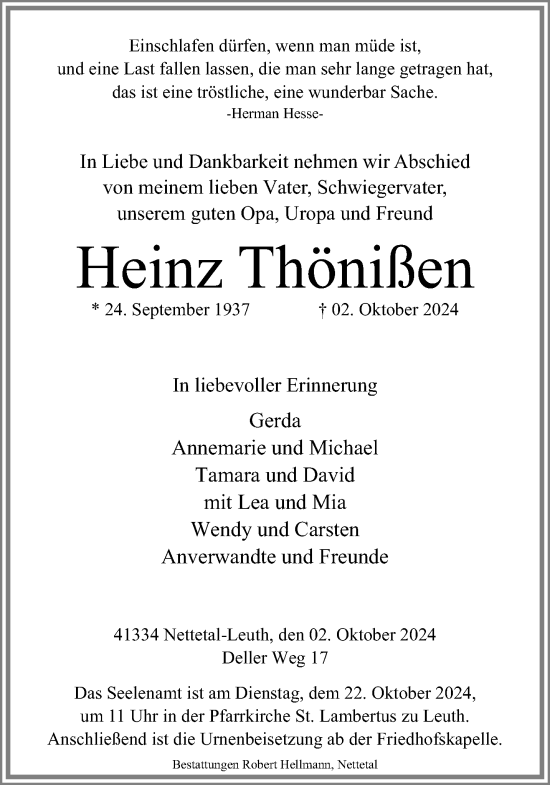 Traueranzeige von Heinz Thönißen von trauer.extra-tipp-moenchengladbach.de