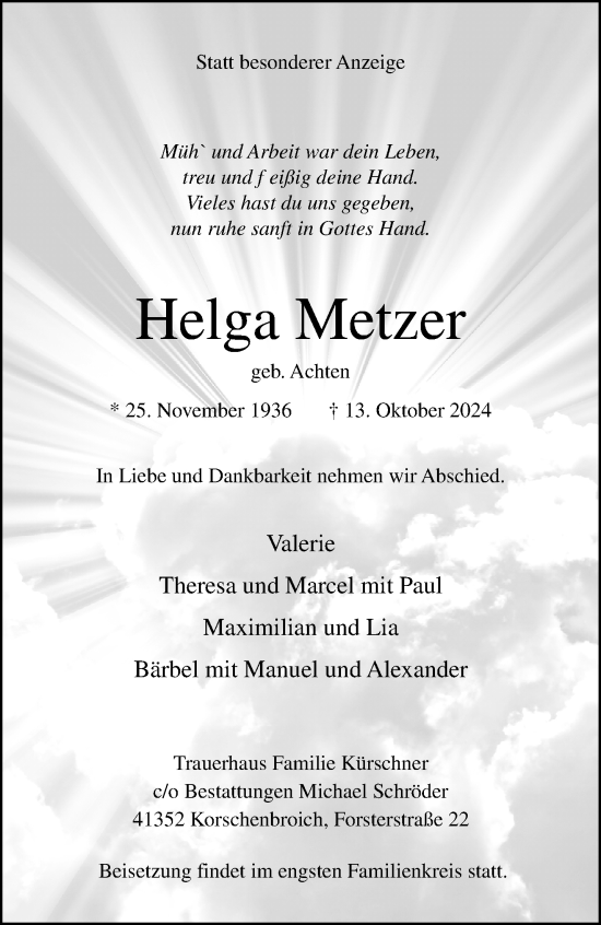 Traueranzeige von Helga Metzer von trauer.extra-tipp-moenchengladbach.de