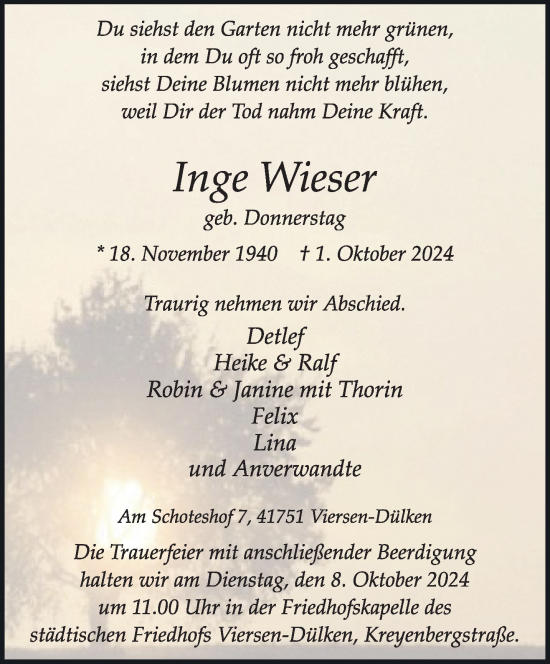 Traueranzeige von Inge Wieser von trauer.extra-tipp-moenchengladbach.de