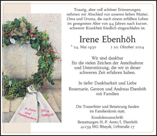 Traueranzeige von Irene Ebenhöh von trauer.extra-tipp-moenchengladbach.de