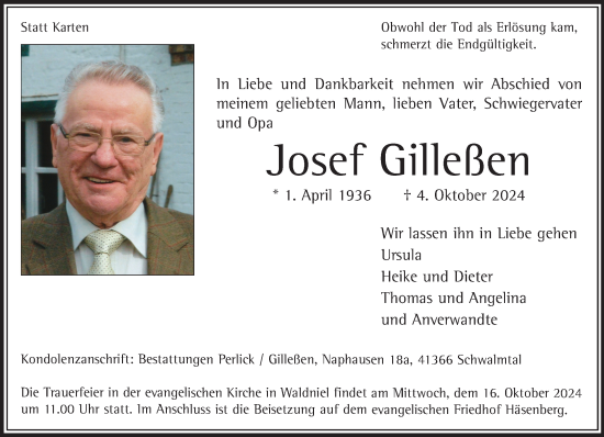 Traueranzeige von Josef Gilleßen von trauer.extra-tipp-moenchengladbach.de