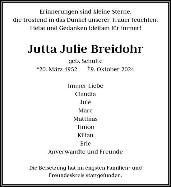 Traueranzeige von Jutta Julie Breidohr von trauer.wuppertaler-rundschau.de