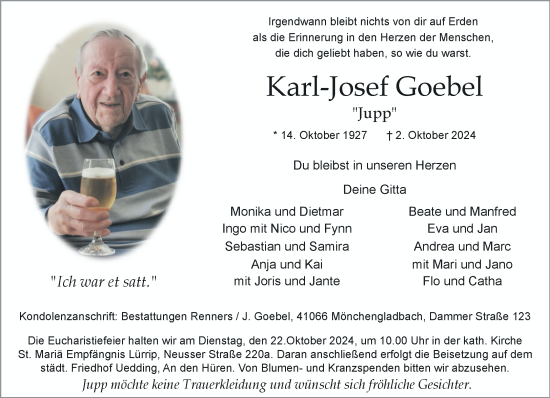 Traueranzeige von Karl-Josef Goebel von trauer.extra-tipp-moenchengladbach.de