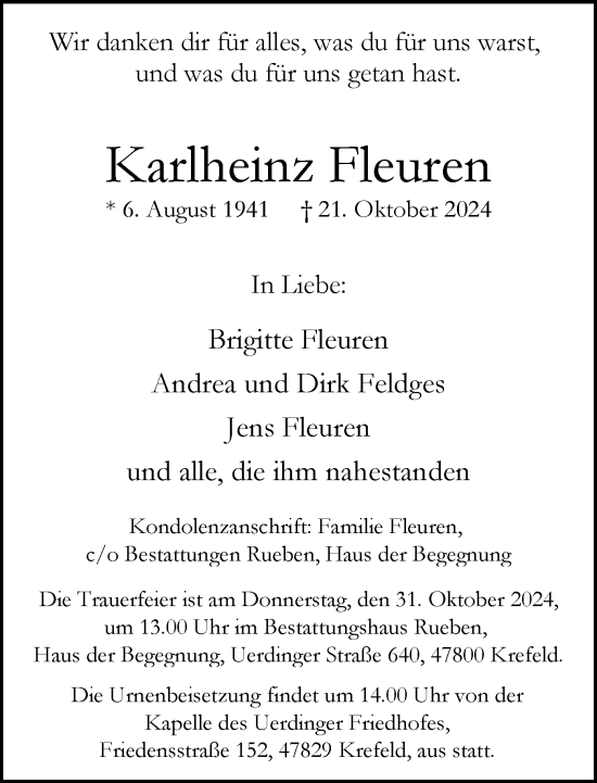 Traueranzeige von Karlheinz Fleuren von trauer.extra-tipp-moenchengladbach.de