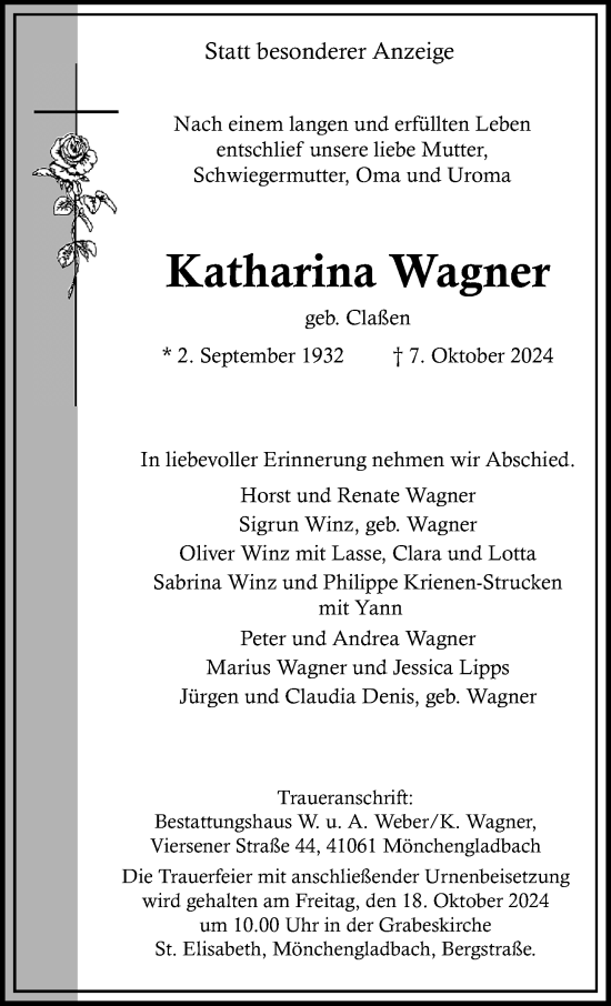 Traueranzeige von Katharina Wagner von trauer.extra-tipp-moenchengladbach.de