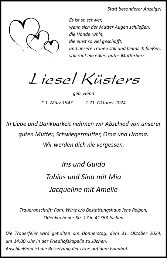 Traueranzeige von Liesel Küsters von trauer.stadt-kurier.de