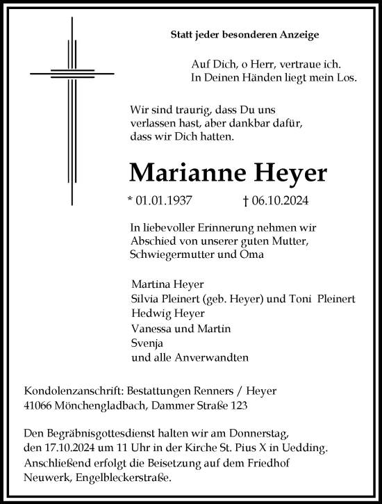 Traueranzeige von Marianne Heyer von trauer.extra-tipp-moenchengladbach.de