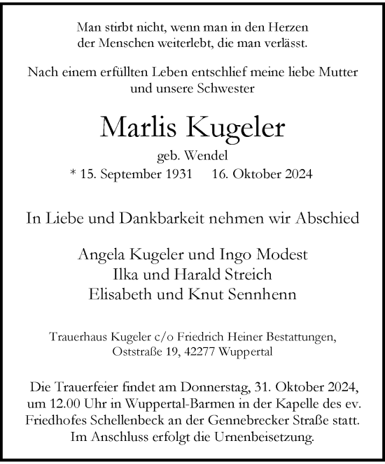 Traueranzeige von Marlis Kugeler von trauer.wuppertaler-rundschau.de