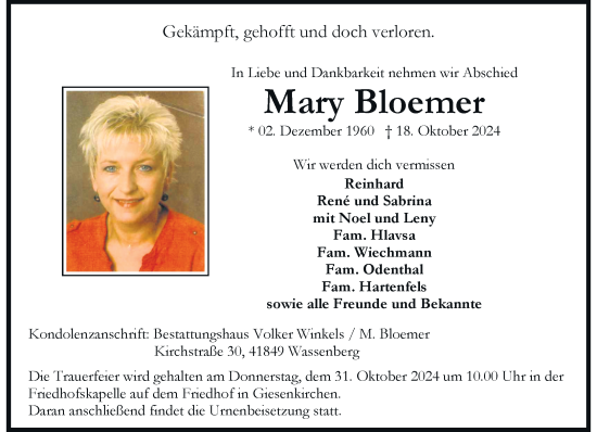 Traueranzeige von Mary Bloemer von trauer.extra-tipp-moenchengladbach.de