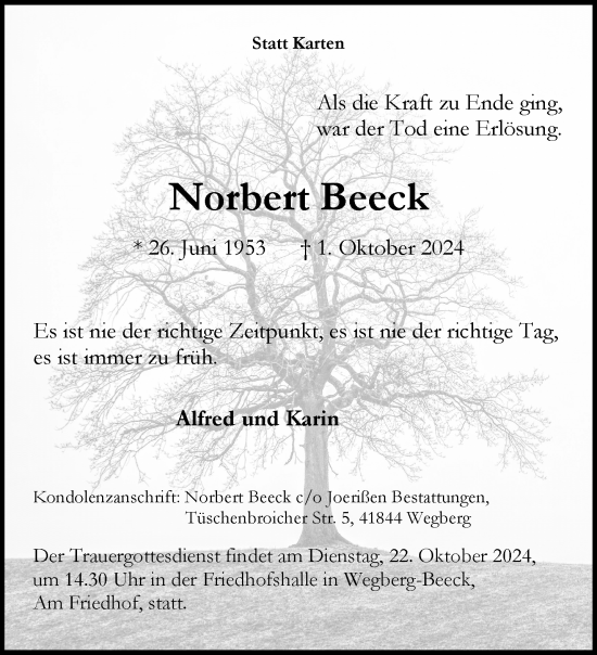 Traueranzeige von Norbert Beeck von trauer.extra-tipp-moenchengladbach.de