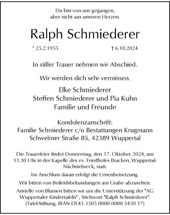 Traueranzeige von Ralph Schmiederer von trauer.wuppertaler-rundschau.de