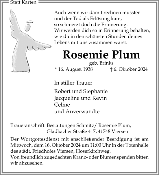 Traueranzeige von Rosemie Plum von trauer.extra-tipp-moenchengladbach.de