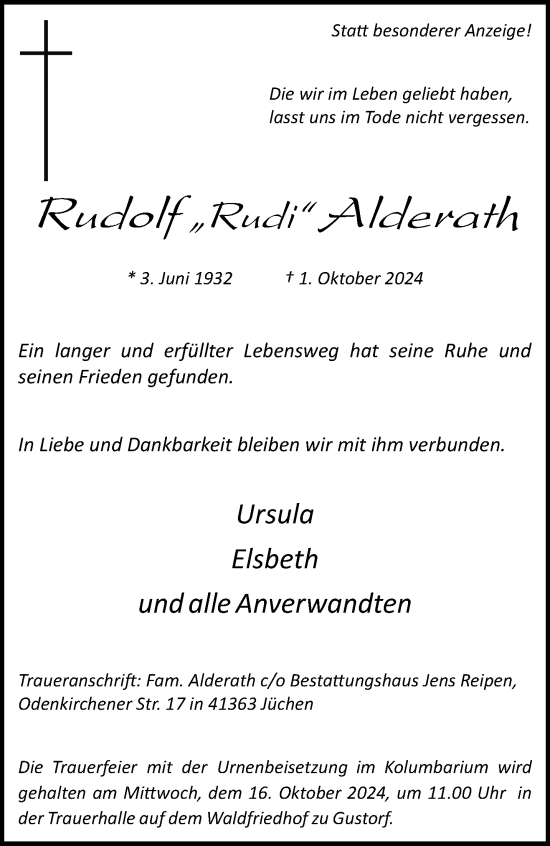 Traueranzeige von Rudolf Alderath von trauer.stadt-kurier.de