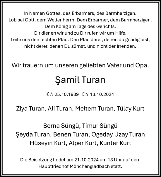 Traueranzeige von Samil Turan von trauer.extra-tipp-moenchengladbach.de