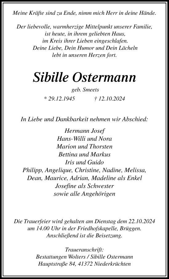 Traueranzeige von Sibille Ostermann von trauer.extra-tipp-moenchengladbach.de