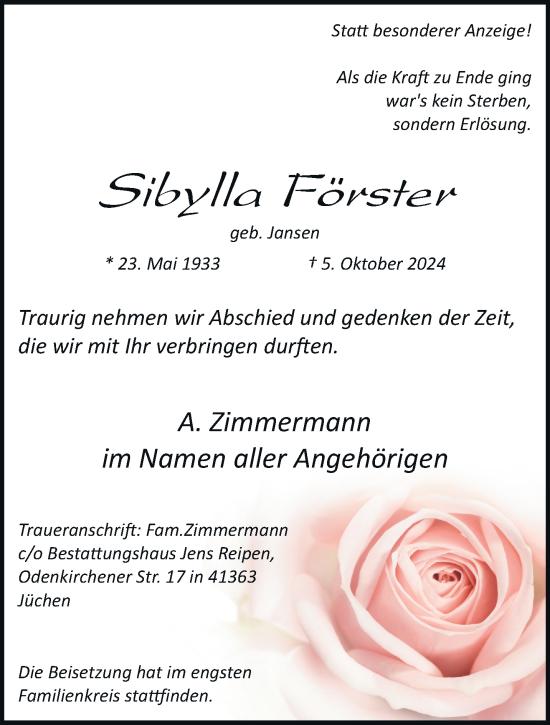 Traueranzeige von Sibylla Förster von trauer.stadt-kurier.de