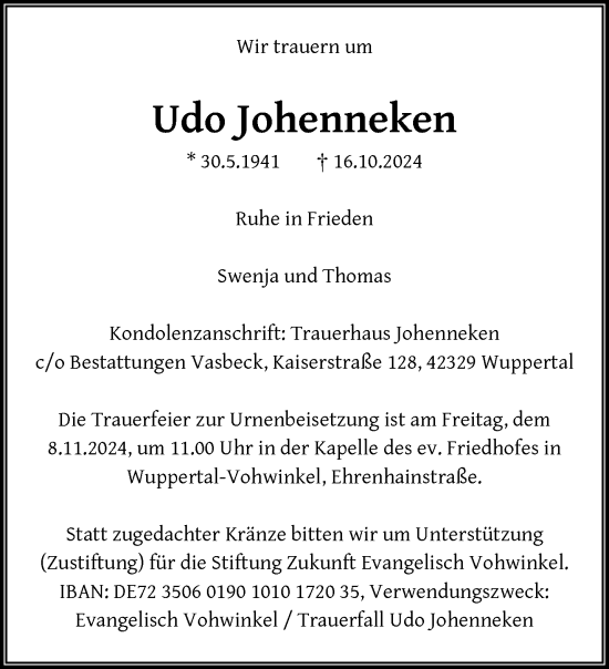 Traueranzeige von Udo Johenneken von trauer.wuppertaler-rundschau.de