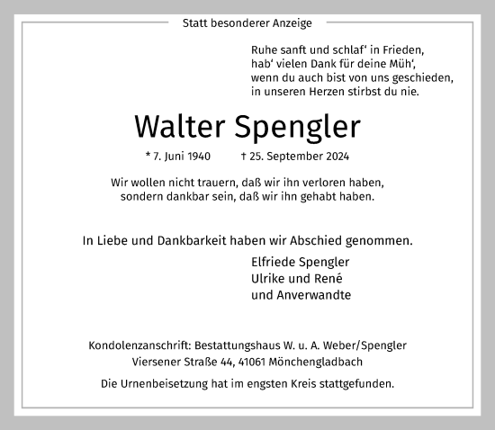 Traueranzeige von Walter Spengler von trauer.extra-tipp-moenchengladbach.de