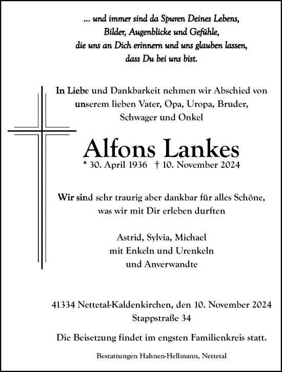 Traueranzeige von Alfons Lankes von trauer.extra-tipp-moenchengladbach.de