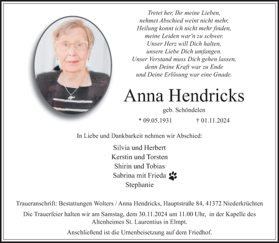 Traueranzeige von Anna Hendricks von trauer.extra-tipp-moenchengladbach.de