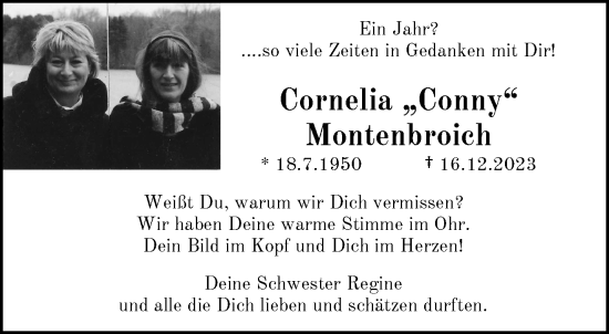 Traueranzeige von Cornelia Montenbroich von trauer.wuppertaler-rundschau.de