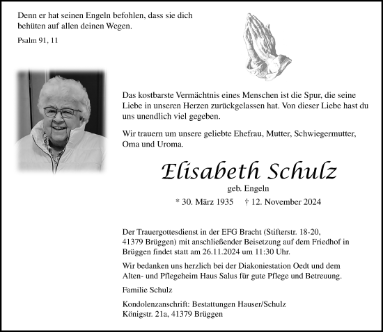 Traueranzeige von Elisabeth Schulz von trauer.extra-tipp-moenchengladbach.de