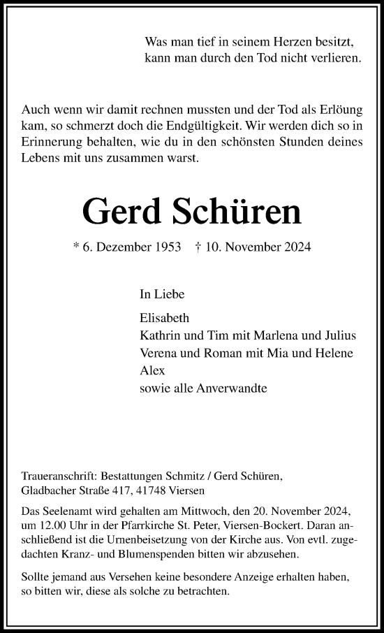 Traueranzeige von Gerd Schüren von trauer.extra-tipp-moenchengladbach.de