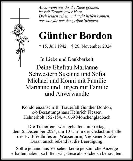 Traueranzeige von Günther Bordon von trauer.extra-tipp-moenchengladbach.de