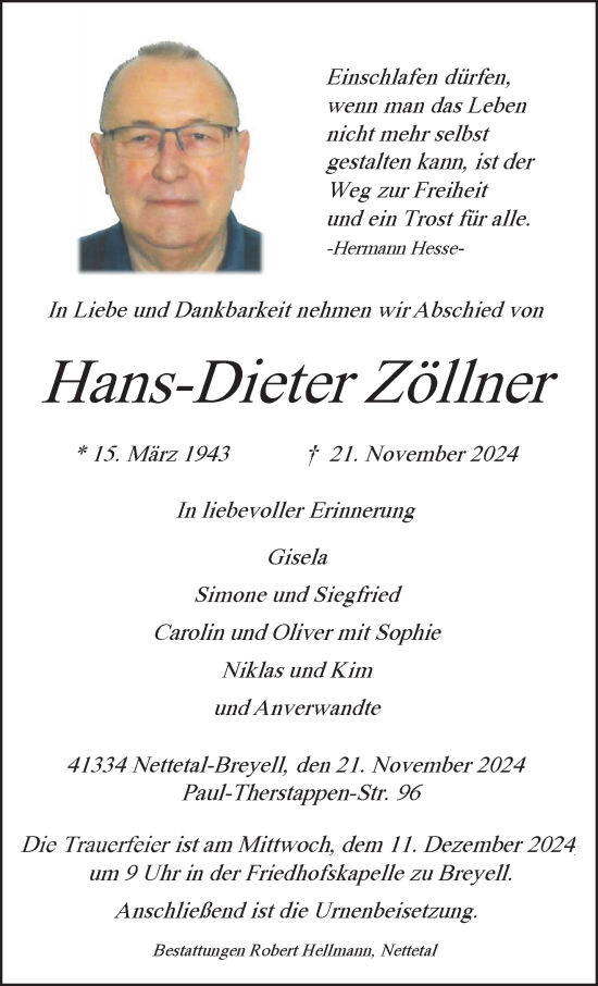 Traueranzeige von Hans-Dieter Zöllner von trauer.extra-tipp-moenchengladbach.de