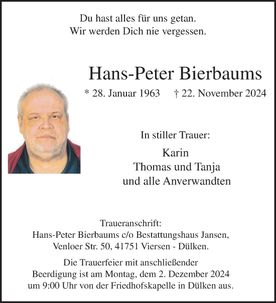 Traueranzeige von Hans-Peter Bierbaums von trauer.extra-tipp-moenchengladbach.de