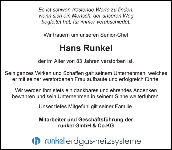 Traueranzeige von Hans Runkel von trauer.wuppertaler-rundschau.de