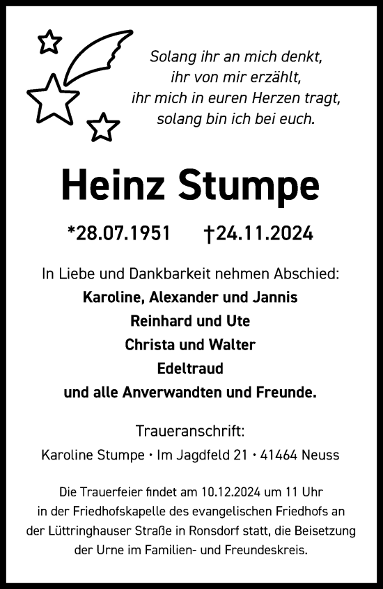 Traueranzeige von Heinz Stumpe von trauer.wuppertaler-rundschau.de