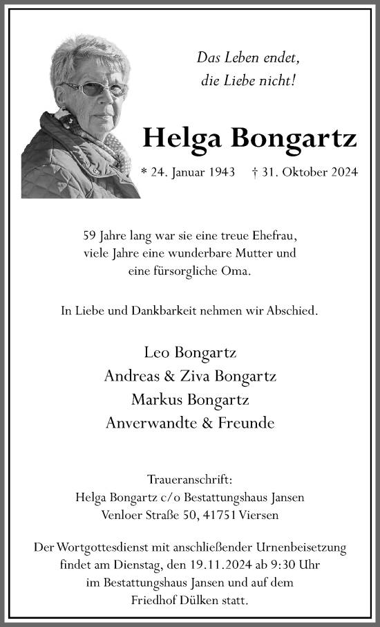 Traueranzeige von Helga Bongartz von trauer.extra-tipp-moenchengladbach.de