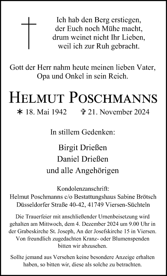 Traueranzeige von Helmut Poschmanns von trauer.extra-tipp-moenchengladbach.de