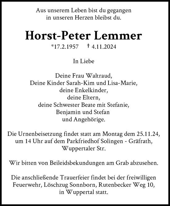 Traueranzeige von Horst-Peter Lemmer von trauer.wuppertaler-rundschau.de