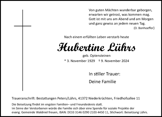 Traueranzeige von Hubertine Lührs von trauer.extra-tipp-moenchengladbach.de