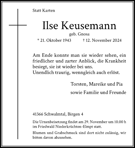 Traueranzeige von Ilse Keusemann von trauer.extra-tipp-moenchengladbach.de