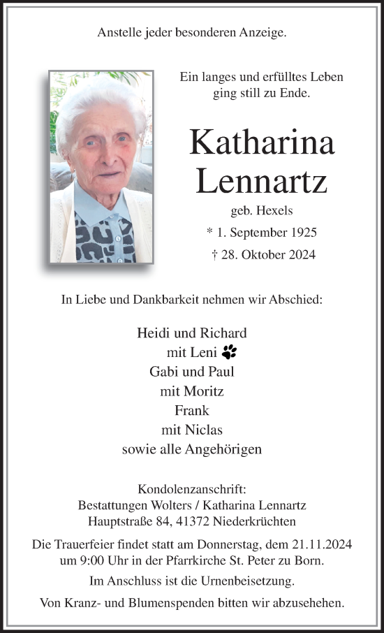 Traueranzeige von Katharina Lennartz von trauer.extra-tipp-moenchengladbach.de