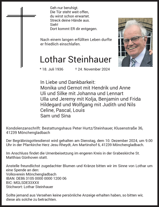 Traueranzeige von Lothar Steinhauer von trauer.extra-tipp-moenchengladbach.de