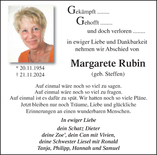 Traueranzeige von Margarete Rubin von trauer.extra-tipp-moenchengladbach.de