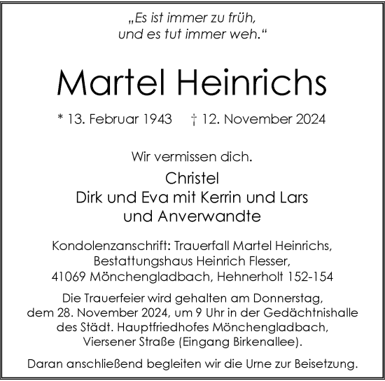 Traueranzeige von Martel Heinrichs von trauer.extra-tipp-moenchengladbach.de