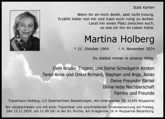 Traueranzeige von Martina Holberg von trauer.wuppertaler-rundschau.de