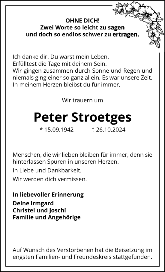 Traueranzeige von Peter Stroetges von trauer.extra-tipp-moenchengladbach.de