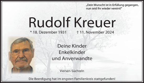 Traueranzeige von Rudolf Kreuer von trauer.extra-tipp-moenchengladbach.de