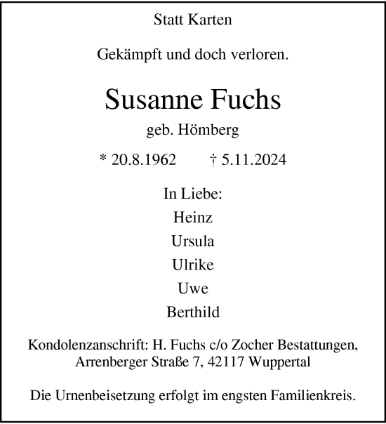 Traueranzeige von Susanne Fuchs von trauer.wuppertaler-rundschau.de