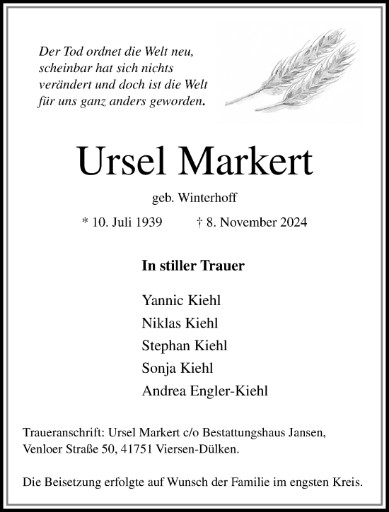 Traueranzeige von Ursel Markert von trauer.extra-tipp-moenchengladbach.de