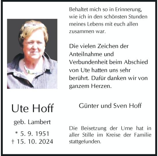 Traueranzeige von Ute Hoff von trauer.extra-tipp-moenchengladbach.de