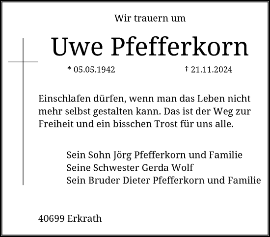 Traueranzeige von Uwe Pfefferkorn von trauer.duesseldorfer-anzeiger.de