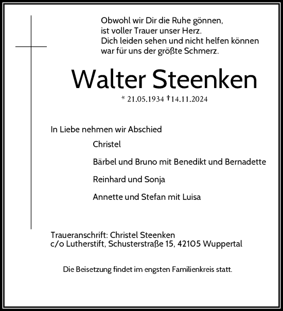 Traueranzeige von Walter Steenken von trauer.wuppertaler-rundschau.de